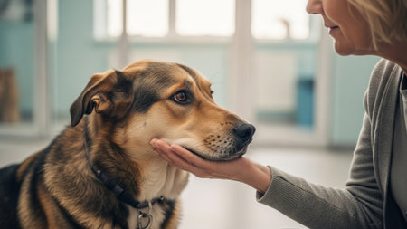 cropped shot of woman petting beagle dog in vet clinicの素材