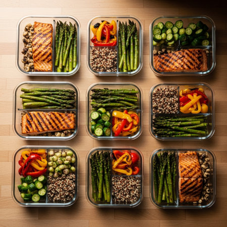 Healthy food in plastic containers on a wooden background. Top view.の素材