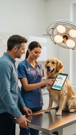 selective focus of veterinarian showing digital tablet with golden retriever in clinicの素材