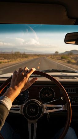 View of a man driving a car on a highway in the desertの素材