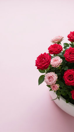 Red and pink roses in a white vase on a pink backgroundの素材