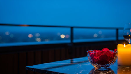 An extreme wide, cinematic shot capturing a luxurious Valentine's setting on a penthouse balcony oveの素材