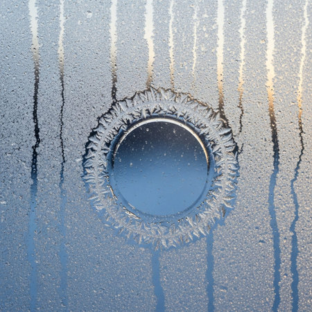 A square format, tightly framed close-up shot of a window pane. The surface is dominated by complex,の素材