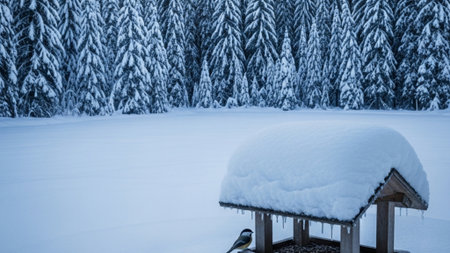 An editorial, cinematic extreme wide shot capturing a solitary, wooden bird feeder nestled deep withの素材