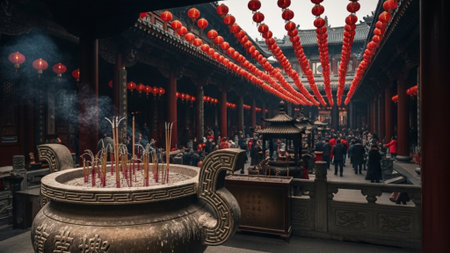 A panoramic, extreme wide shot capturing the sheer scale and atmosphere of a bustling Chinese templeの素材