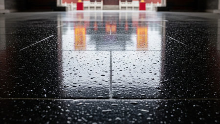 Water droplets reflecting the light on a clean, freshly polished stone floor within a massive, tradiの素材