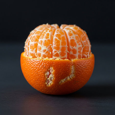 A tightly framed, symmetrical square composition focusing on a heroic detail: a single, plump tangerの素材