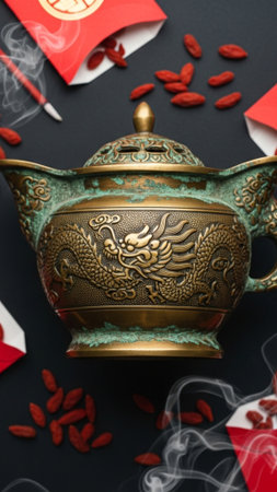 A meticulously arranged flat lay scene capturing the solemnity and preparation for ancestral reverenの素材