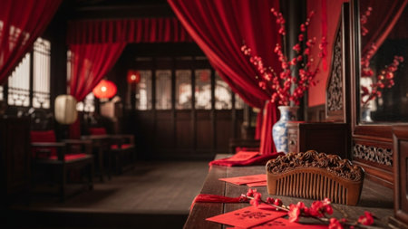 An expansive, extreme wide, panoramic photograph (16:9) capturing the opulent interior of a traditioの素材