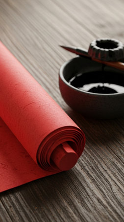 A dramatic vertical flat lay photograph capturing the stillness of preparation for writing Chinese Nの素材