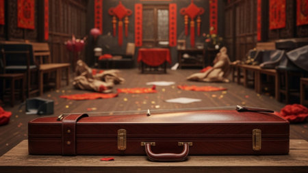 A dark, slightly scuffed wooden protective case holding a traditional Chinese Erhu, placed on a wornの素材