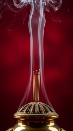 A quiet, dramatic vertical isolation shot capturing the essence of devotion during the Chinese New Yの素材