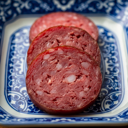 A tightly framed, symmetrical, 1:1 close-up of three perfectly arranged slices of vibrant red lap chの素材