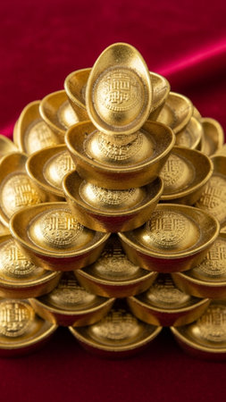 A hyper-detailed 8K raw photograph featuring a small pyramid of faux-gold resin ingots (Yuanbao) arrの素材