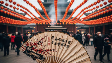 A cinematic, ultra-wide environmental shot capturing the grand scale of a Chinese New Year temple feの素材