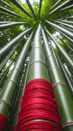 A dramatic worm's eye view close-up emphasizing the binding point of thick, isolated bamboo stalks fの素材