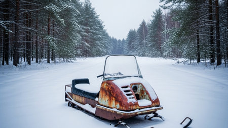 Rusty, vintage snowmobile parked abandoned in a forest clearing. EXTREME WIDE SHOT (16:9). The snowmの素材