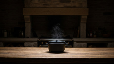 An editorial, cinematic visualization capturing the quiet ritual of slow cooking. The extreme wide cの素材