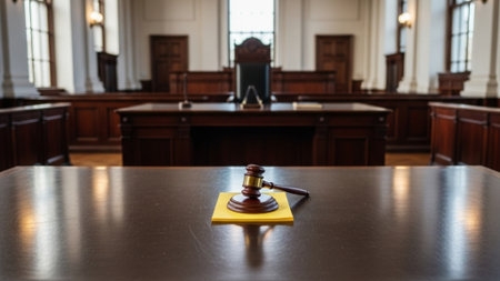 Wooden gavel resting centrally on a legal notepad, isolated and small in the center of an extreme wiの素材