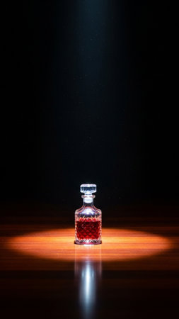 Extreme long shot of a crystal decanter under moody lighting. The decanter is tiny and isolated, perの素材