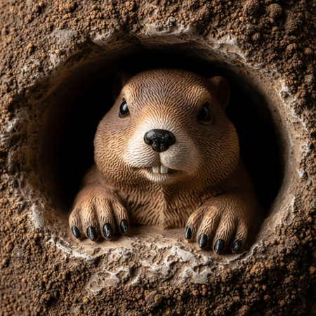 Hero detail shot of a ceramic groundhog figurine. Extreme close-up on the paws and head emerging froの素材