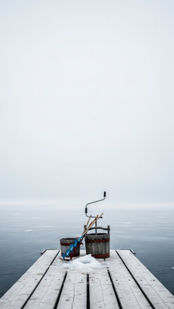 Extreme Long Shot (ELS) of rustic ice fishing tools laid out on a weathered wooden pier on a vast, fの素材