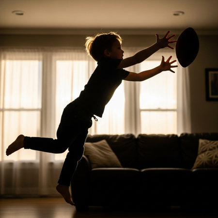 Cinematic, side profile silhouette of a young child (7 years old) mid-air, leaping dramatically in aの素材