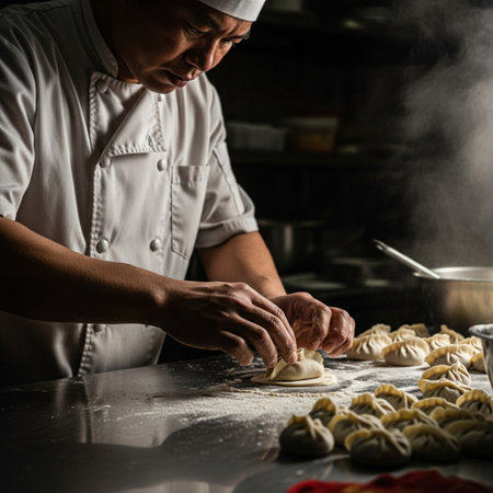 Close-up, editorial image captured with a Dutch angle showing a professional kitchen chef intenselyの素材