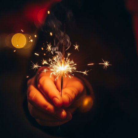 A macro cinematic shot of a lit sparkler being held by a family member during a candid Lunar New Yeaの素材