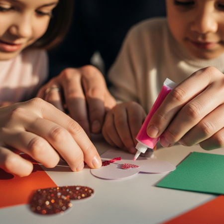 Extreme close-up macro shot capturing the hands of a mother, father, and child collaboratively makinの素材