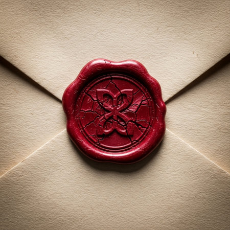 Hero detail shot of a fresh, deep red wax seal centered on a piece of vintage parchment. The composiの素材