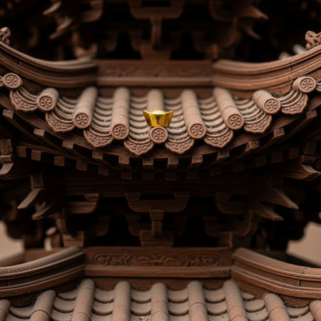A Hero Detail focused on the intricate architecture of a small wooden Chinese pavilion model. The tiの素材