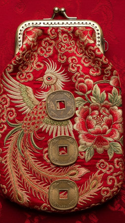 A vertical flat lay composition focused tightly on a vintage crimson silk coin purse featuring intriの素材