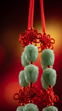 Extreme close-up, low-angle vertical portrait of dangling jade cabbage and knot charms, emphasizingの素材