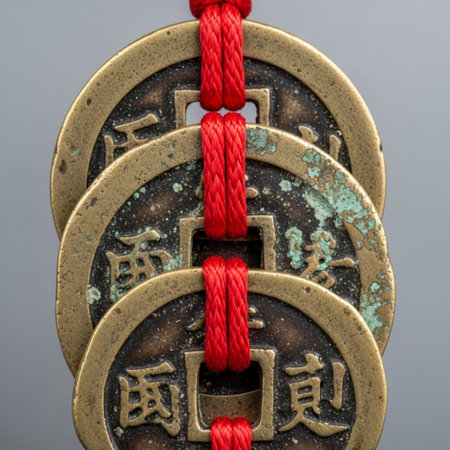 Tightly framed, centered composition (1:1). A stack of five antique bronze cash coins, possibly fromの素材