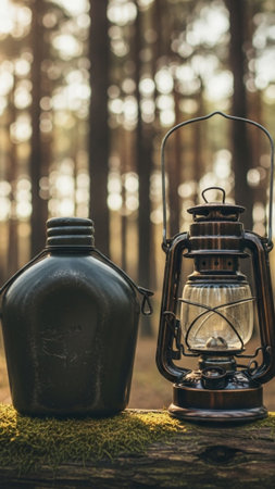 A vertical 9:16 composition featuring essential Father's Day outdoor gear: an old-style metal canteeの素材