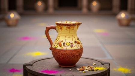 An ultrawide cinematic view of a traditional clay pitcher of Thandai refreshment, placed on a low taの素材