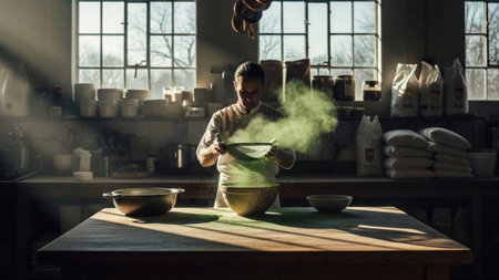 An ultrawide cinematic view of a spacious, high-end rustic bakery kitchen. A baker is engaged in theの素材