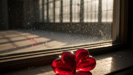 A cinematic wide environmental shot capturing a pair of crimson glass hearts on a dusty antique windの素材