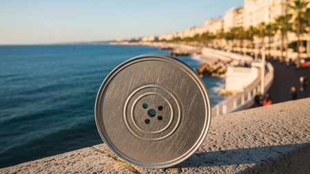 A cinematic wide environmental portrait (16:9) of a vintage 35mm film reel container sitting on a liの素材