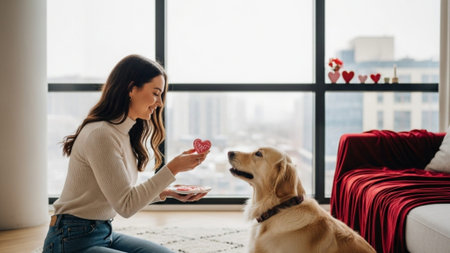 A cinematic wide environmental shot capturing the loving interaction between a female pet owner andの素材