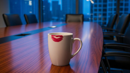 A cinematic, ultra-wide 16:9 shot of a solitary white coffee mug featuring a distinct red lipstick pの素材
