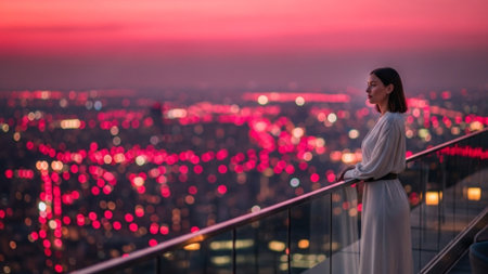 Cinematic 16:9 wide shot of a woman on a luxurious rooftop terrace overlooking a city, where the ligの素材
