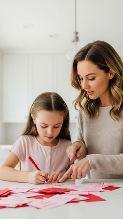 A candid, vertical full-body photograph capturing the intimate, focused interaction between a motherの素材