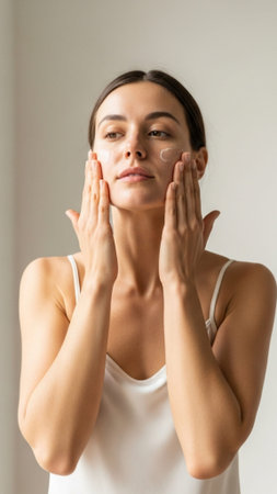 A tall, vertical composition showing a full-body shot of a woman performing her facial skincare routの素材