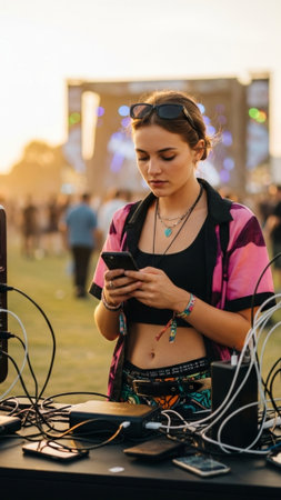 A sharp, vertically oriented editorial image capturing a full body shot of a young festival attendeeの素材