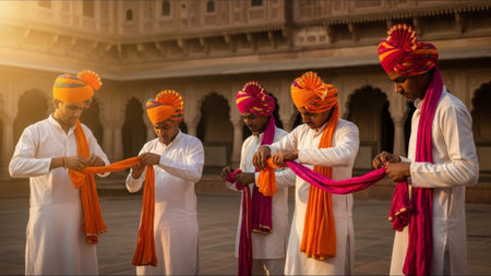 An ultrawide 16:9 cinematic shot capturing four young Indian men tying colorful turbans in a sprawliの素材