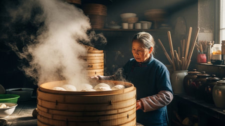 An environmental wide shot capturing the intensive, large-scale preparation of Nian Gao (sticky riceの素材