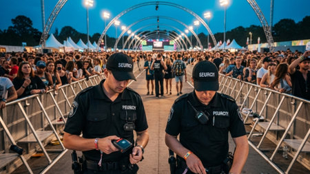 A panoramic 16:9 image of the intense logistical scene at a large music festival entrance. Securityの素材
