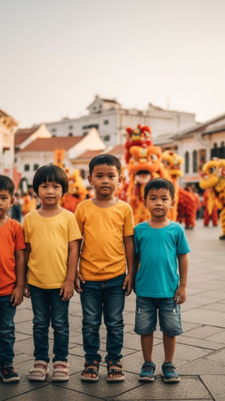 Full-length, vertical 9:16 composition of three children standing full body, centered, watching a trの素材